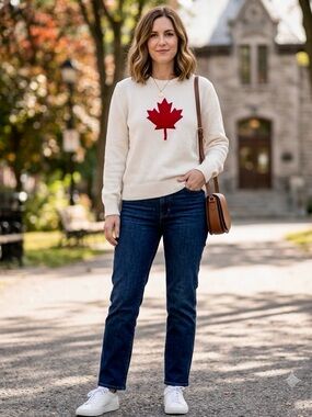 Cream Crewneck Sweater with Red Maple Motif